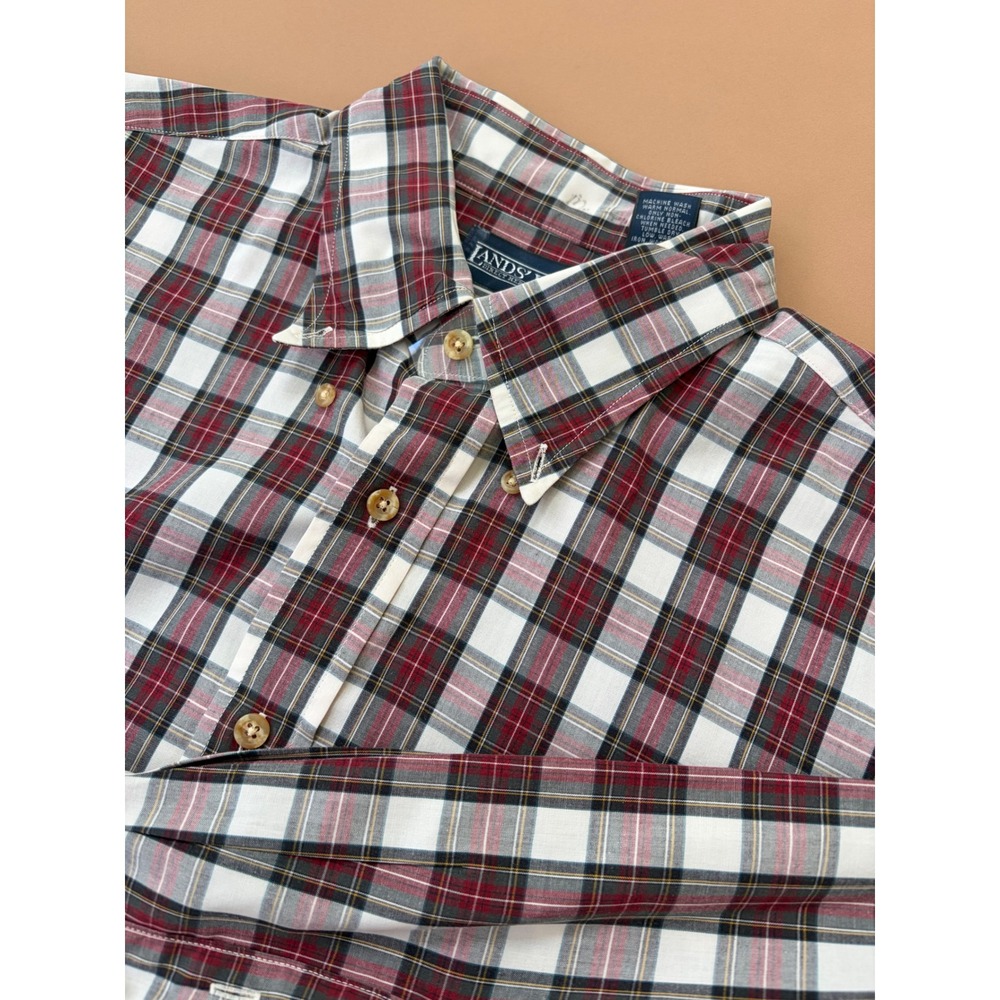 Lands End Mens Plaid Button Down Shirt Red White Blue Cotton 16.5 32 Made in USA